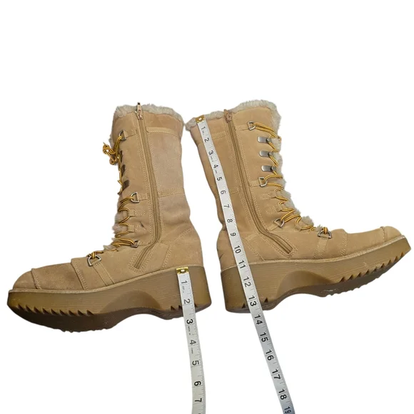 Report Icon Leather Tan Faux Fur Chunky Platform Lace Up Boots 7.5 - Picture 8 of 10